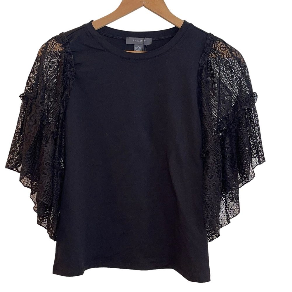Primark Women's Black Cotton & lace Flutter Sleeve Blouse Size: S EUC